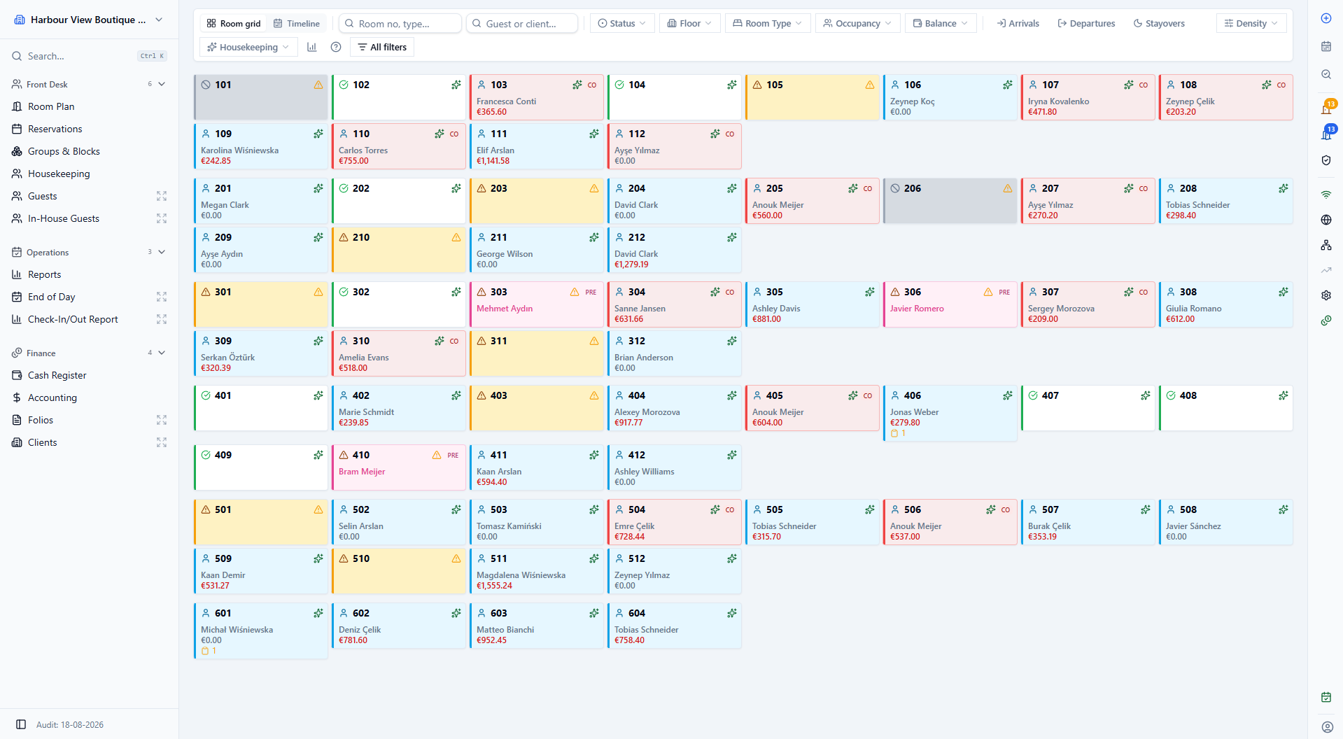 The whole property on one board - colour-coded by status, with the guest, balance and housekeeping flags on every room.